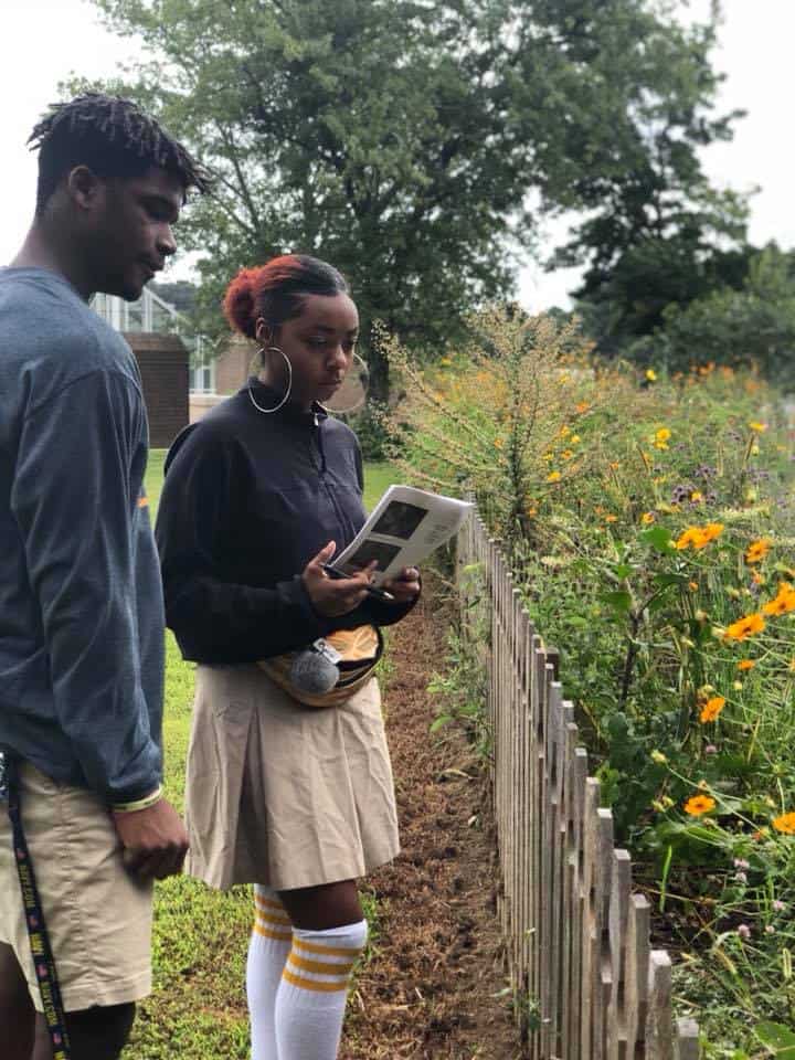 Two high school students with clipboards counting insects beside a row of flowers